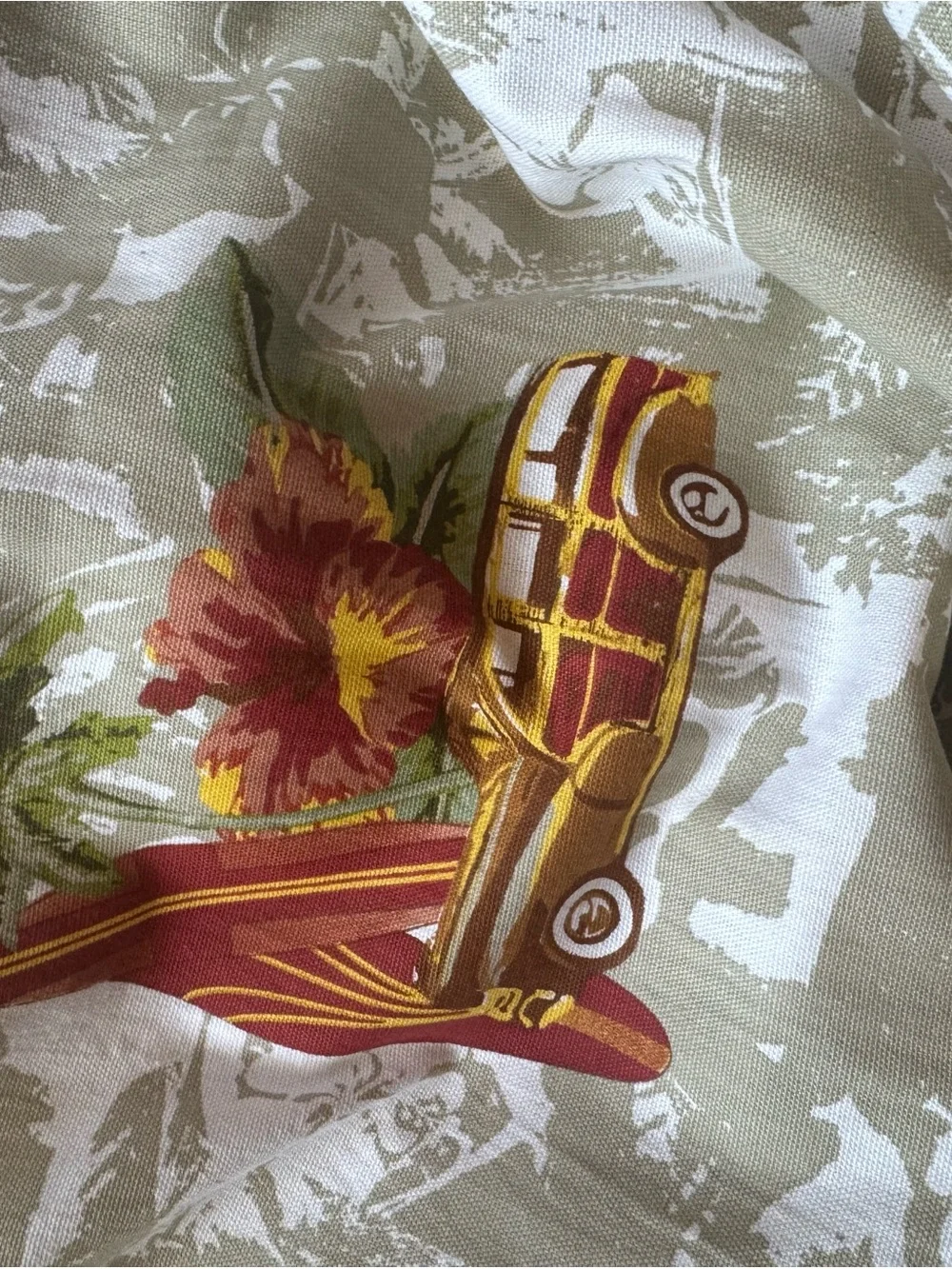 Hawaiian DesignBeige Shower Curtain with Red and Gold Retro Car and Surf Boards.